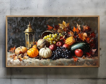 Cornice autunnale con cornucopia per la TV, natura morta rustica con raccolto per la TV, accogliente decorazione da parete vintage, download digitale di decorazioni autunnali 19