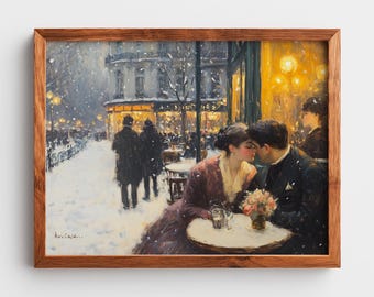 Vintage Parisian Café Scene Printable - Romantic New Year's Eve Couple, Cozy Night Vibes, Moody Winter Street Snow, Digital Wall Art 86