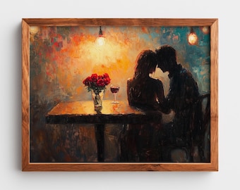 Rustic Romantic Couple Silhouette Painting - Moody Vintage Wall Art, Cozy Evening Scene, Printable Home Decor, Digital Art Download  117