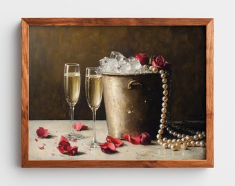 Vintage Champagne Still Life Printable - Elegant Romantic Moony Wall Art, Refined Festive Painting w/ Ice & Pearls, Digital Download 90