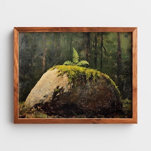 May include: A framed oil painting depicting a large, light-colored boulder covered in patches of vibrant green moss and topped with a single bright green fern. The background features a dark, dense forest of tall, vertical tree trunks.