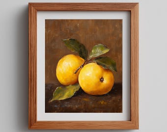 Klassiek vintage kweepeerolieverfschilderij - rustieke stillevenkunst, warm humeurig keukendecor, afdrukbare muurkunst, digitale Instant Download 105