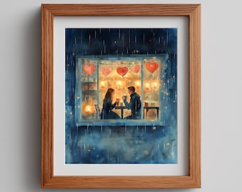 Romantic Café Couple Painting - Cozy Valentine’s Day Watercolor Art, Indoor Caféscape, Heart Lanterns, Printable Wall Decor, Digital 189