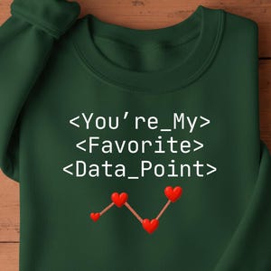 May include: Dark green sweatshirt with the text "You're My Favorite Data Point" in white. A line graph with red heart-shaped data points is below the text. The sweatshirt is folded on a wooden surface.