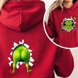 Funny Grinch Christmas Front-Back Hoodie, Two-Sided Santa Grinch Shirt, Family Grinch Christmas Sweatshirt, Women&#39;s Christmas Shirt