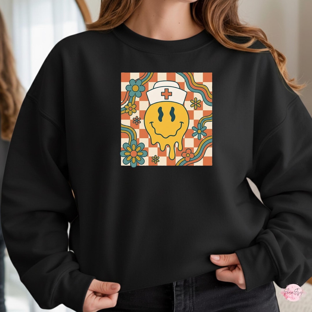 Retro Nurse Sweatshirt, Groovy Smiley Face Hoodie, Happy Nurses Week ...