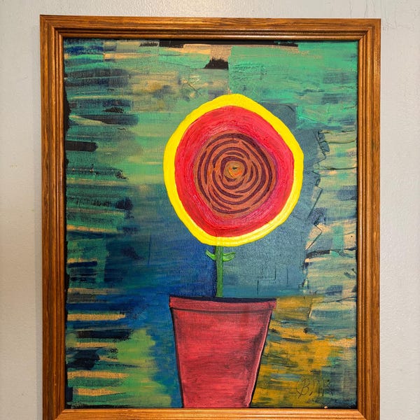 Original MCM Style Abstract Flower Painting 16x20 Oil on Canvas Colorful Expressionist Framed Art