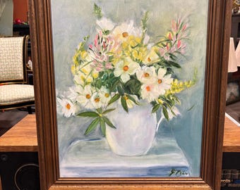 Vintage Floral Oil Painting – Framed Mid-Century Impressionist Still Life