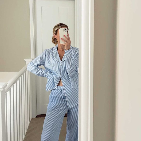 Women's Organic Cotton Pyjama Trouser Set - Blue & White Stripe