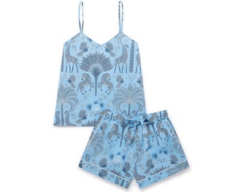 Favourite Travels Cami Set | Women's Organic Cotton Cami Short Set | Blue Pajamas | Jungle Pjs