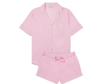 Women's Organic Cotton Pyjama Short Set - Pink & White Stripe