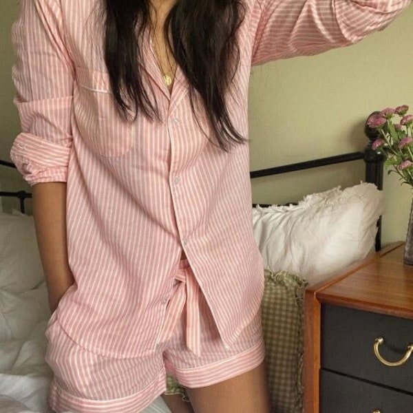 Pink Stripe Pj Short Set | Women's Organic Cotton Cami Short Set | Traditional Pajamas | Classic Pyjamas