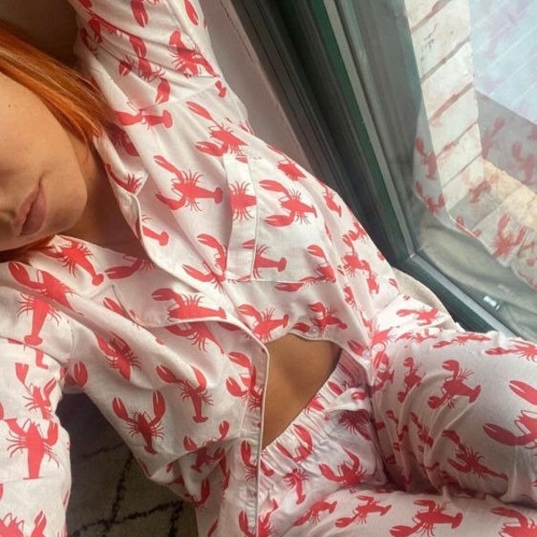 Lobster Pyjama Trouser Set | Women's Organic Cotton Pjs | Lobster Pajamas | Bridal Pjs