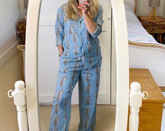 Women's Organic Cotton Pyjama Trouser Set - Blue Leopards