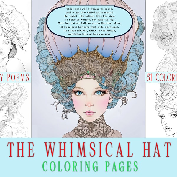 The Whimsical Hat - Coloring Pages and matching poems, PDF, download, high resolution, black and white, grayscale,