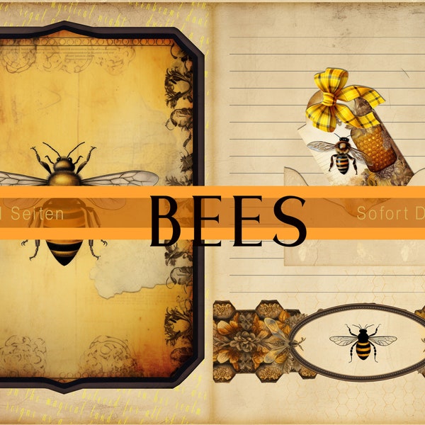 Bees Junk Journal Seiten - Scrapbooking, Pages, PDF, Bienen, Honig, Images, Tags, Labels