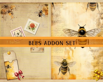 Bees Scrapbooking Addon Set, Junk Journal Pages, Bienen, Insekten, basteln, dekoration