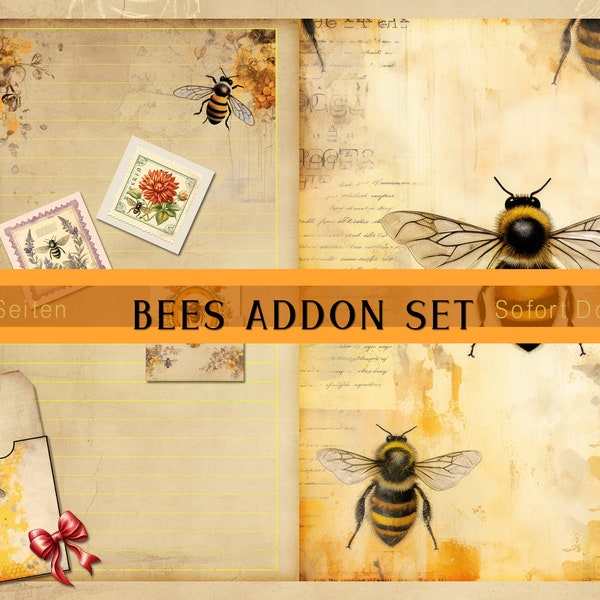 Bees Scrapbooking Addon Set, Junk Journal Pages, Bienen, Insekten, basteln, dekoration