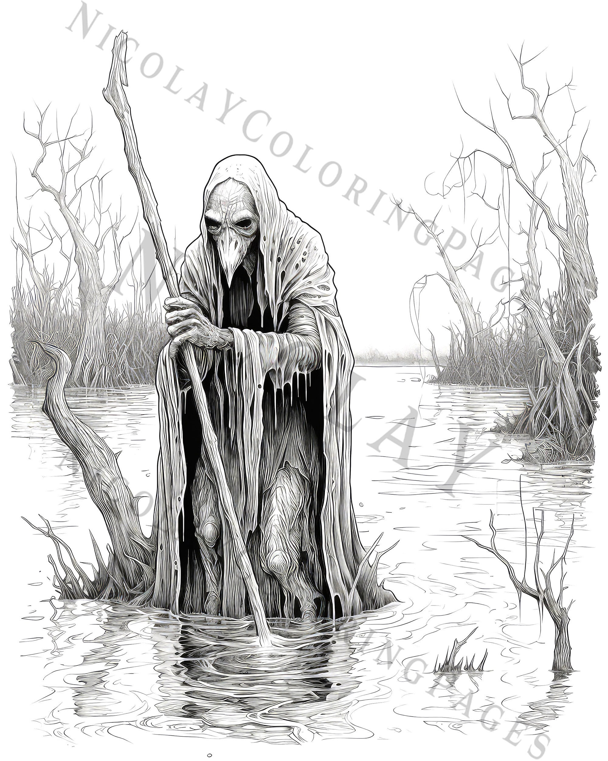 Creepy Creatures - Adult Coloring Pages, Scary and Hounting Monsters of