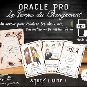 Op de afbeelding: Een orakelkaartenset genaamd "ORACLE PRO Le Temps du Changement" met een doos en verschillende kaarten. De kaarten bevatten illustraties en tekst, waaronder "Guide inclus" en "75 Cartes". De afbeelding heeft een donkere achtergrond.