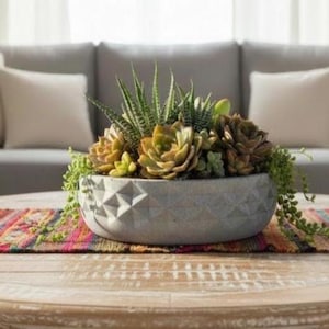 May include: A grey concrete planter, filled with succulents, rests on a round, light-coloured wooden coffee table. The planter has a geometric design. A colourful runner is beneath the planter, and a grey sofa with white cushions is in the background.