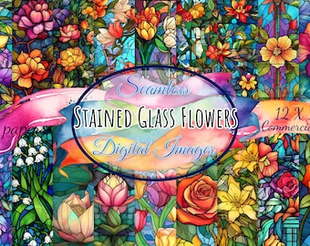 18 Stained Glass Flowers Digital Paper, Stained Glass Flowers Seamless Pattern, Floral Prints, Flowers Background, Stained Glass, Scrapbook