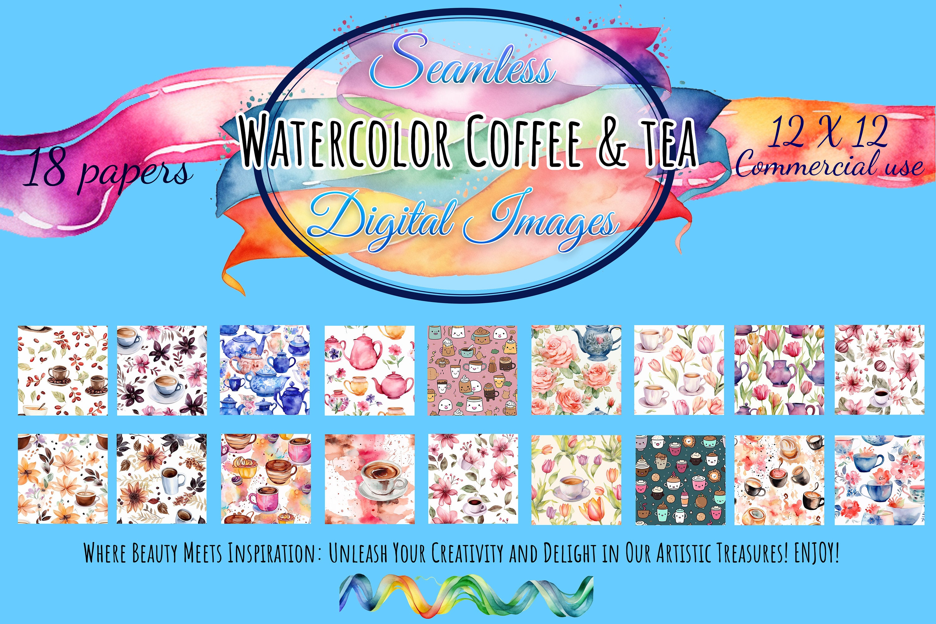 18 Watercolor Coffee and Tea Digital Paper, Watercolor Coffee and Tea ...