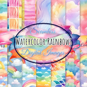 18 Watercolor Rainbow Digital Paper, Watercolor Rainbow Seamless Pattern, Rainbow Prints, Rainbow Background, Scrapbook