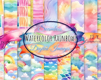 Peut inclure: Un ensemble de 18 motifs numériques sans couture de l'arc-en-ciel aquarelle. Les motifs présentent des arcs-en-ciel, des nuages et des étoiles dans différentes couleurs. Le texte "Seamless Watercolor Rainbows Digital Images 12 x 12 Commercial use" est affiché sur l'image.