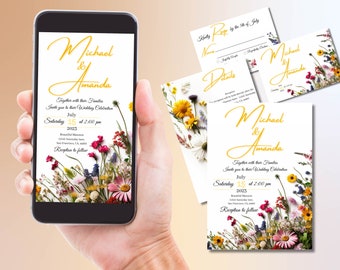 Wildflower Wedding Invitation 16 piece Set, Printable Wedding Invitation template, Wedding invitation, Editable Floral Wedding Invite
