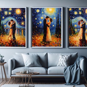 Set Of 3 Beautiful Starry Night Kisses Van Gogh inspired, Painting Gallery Wall art, Printable High Quality Romantic Prints Digital Download