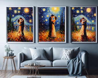 Set Of 3 Beautiful Starry Night Kisses Van Gogh inspired, Painting Gallery Wall art, Printable High Quality Romantic Prints Digital Download