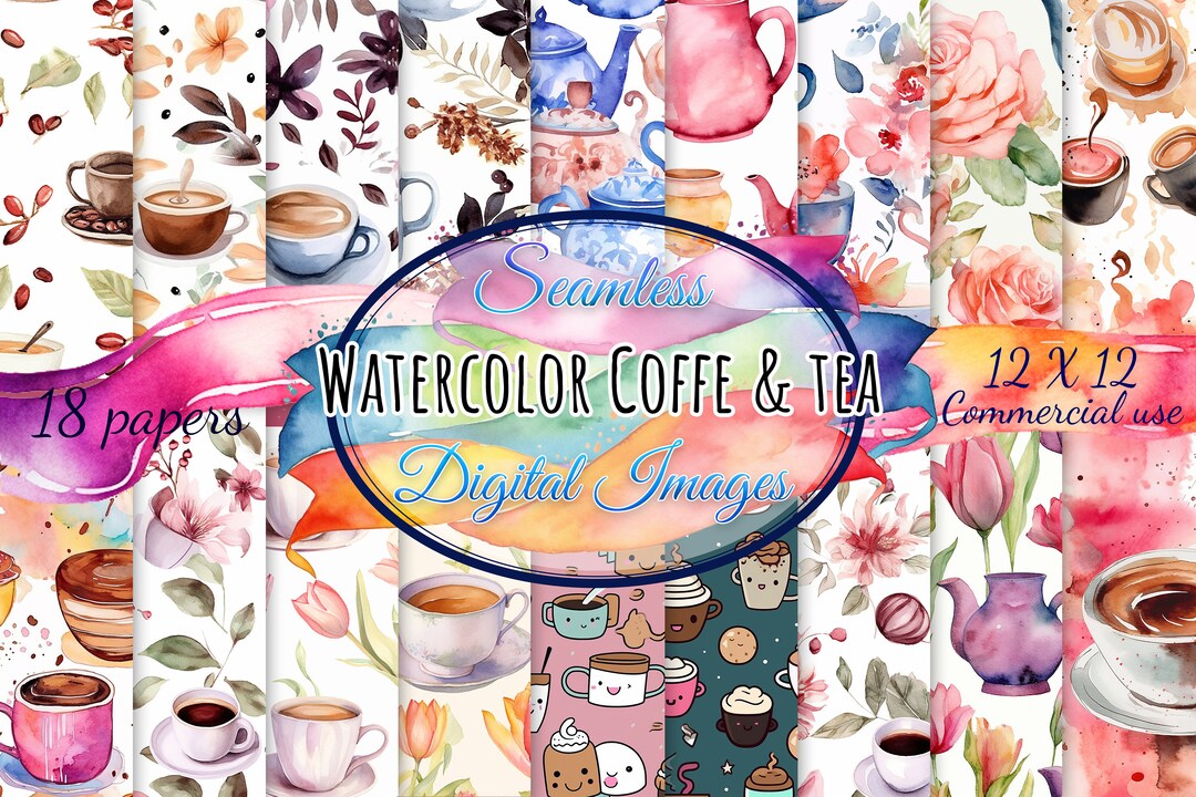 18 Watercolor Coffee and Tea Digital Paper, Watercolor Coffee and Tea ...