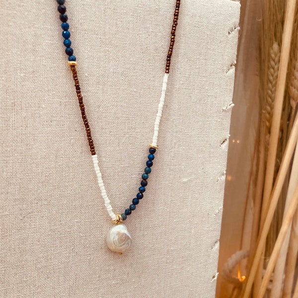 Collier pierre naturelle, pierre fine, gemme, perle d’eau douce, acier inoxydable, doré, perles de rocailles, réglable, lapis-lazulis