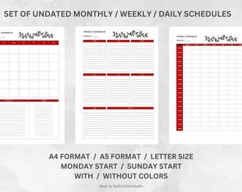 Hour Weekly Schedule, Undated Monthly Schedule, Weekly Printable Planner,Weekly To Do List, Daily Schedule, A4,A5, Letter Size