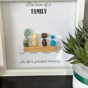 Op de afbeelding: Een ingelijst kunstwerk met de tekst "The love of a FAMILY" en "Is life's greatest blessing." Het kunstwerk toont een houten basis met kleurrijke stenen die gezinsleden vertegenwoordigen, elk met een naam eronder.