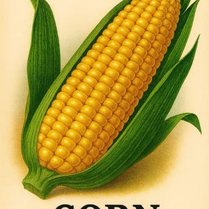 May include: Illustration of a ripe ear of corn, with bright yellow kernels and green husks. The text "Trucker's Favorite Yellow" and "Corn" are displayed in black font.