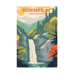 Highlands North Carolina Travel Poster, Vintage Poster, Travel Poster, Retro Poster Highlands NC, Vintage Poster, Looking Glass Falls