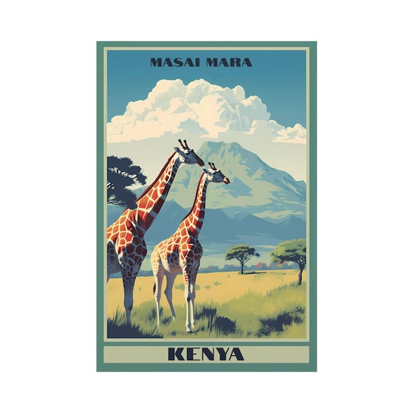 Affiche de voyage au Kenya, affiche vintage du Kenya, affiche de voyage, affiche de voyage rétro, affiche vintage, girafe, cadeau Kenya, art africain, art de la girafe