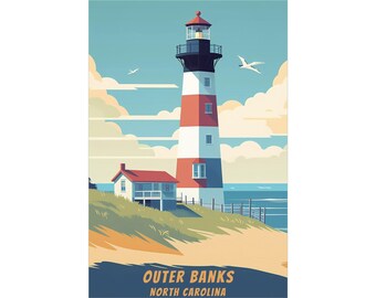 North Carolina Travel Poster, Vintage North Carolina Poster, Travel Poster, Retro Poster OBX, Vintage Poster, Outer Banks Art, OBX Wall Art