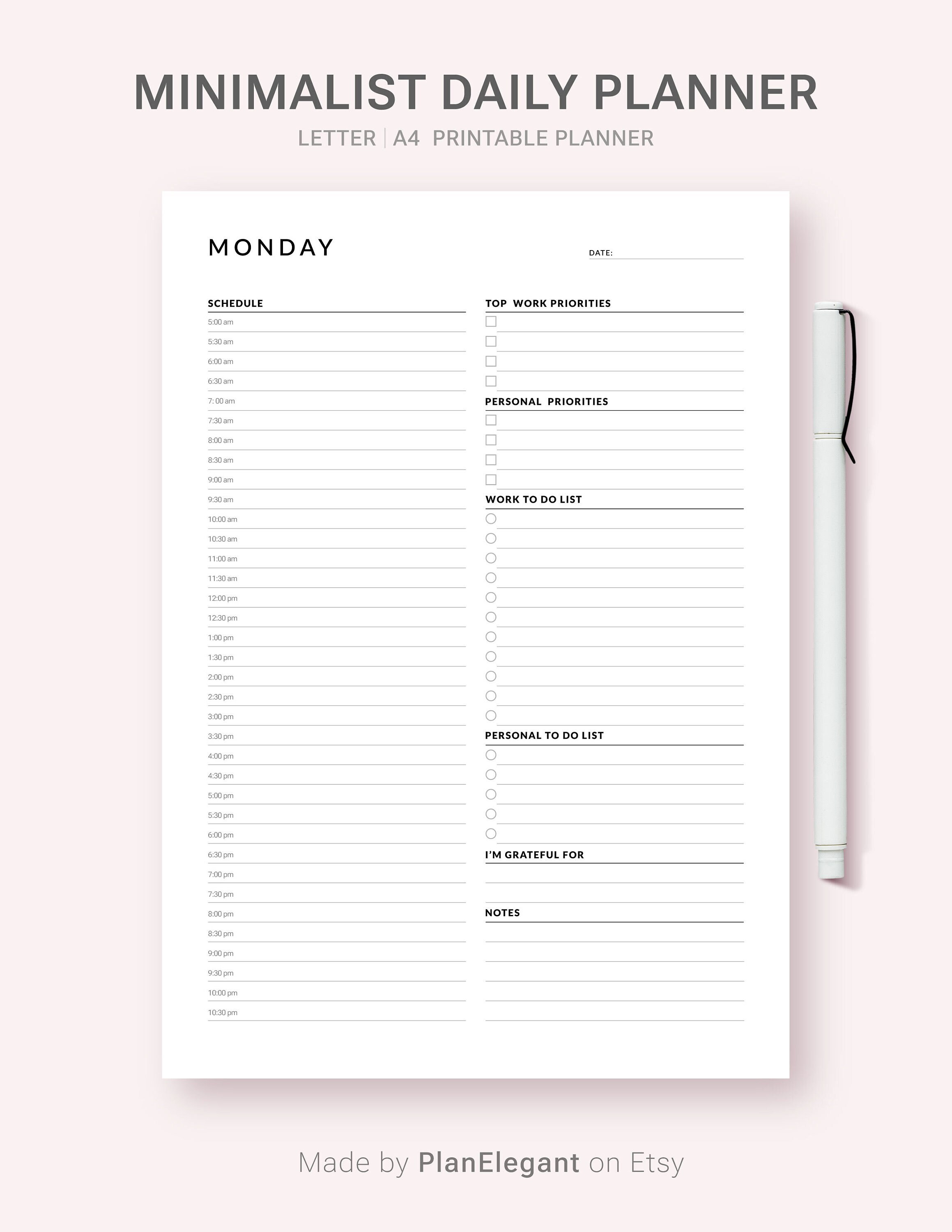 Minimalist Daily Planner Printable, ADHD Daily Planner, Work From Home
