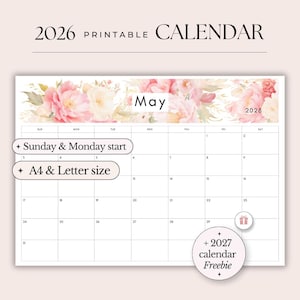 Wall Calendar 2026 Calendar Printable Planner Daily Planner Full year Calendar Yearly Wall Calendar Sunday & Monday start A4 and Letter size
