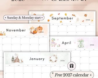 Wall Calendar 2026 Printable calendar Printable planner Monthly Calendar Monthly Planner Sunday & Monday Start A4 and Letter Size