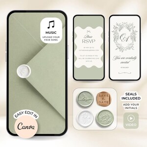 Può includere: Modello digitale di invito a nozze con tema verde salvia. Il design include schermate RSVP e invito, oltre a grafiche di sigilli di cera. Il testo include "Please RSVP", "You are cordially invited" e "Easy edit in Canva".