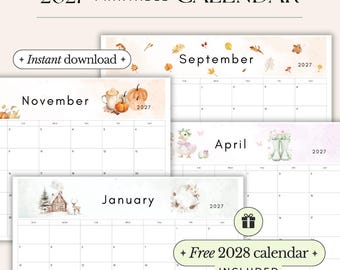 Druckbarer Monatskalender 2027, Sonntag & Montag, A4- und Letter-Format, Wandkalender