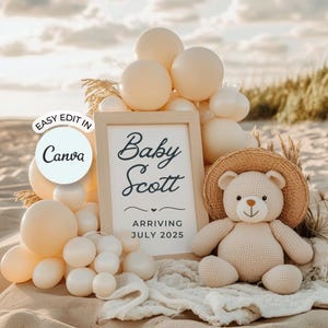 Beach pregnancy announcement digital Summer Baby announcement Digital Gender Neutral Baby reveal photo template Editable in Canva