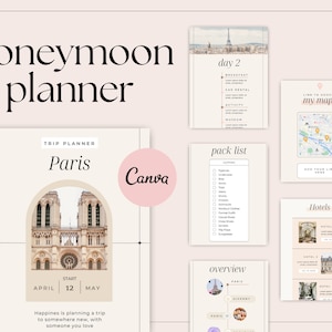 Editable Honeymoon Planner. Travel itinerary template. Canva Travel planner