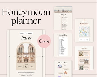 Editable Honeymoon Planner. Travel itinerary template. Canva Travel planner