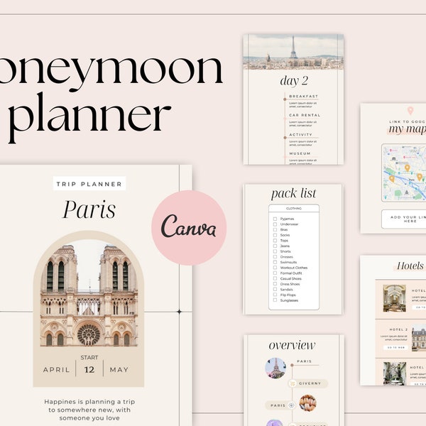 Editable Honeymoon Planner. Travel itinerary template. Canva Travel planner