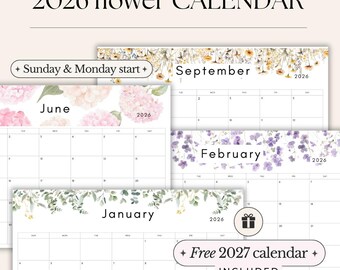 2026 Calendar Printable Monthly Calendar PDF 2026 Wall Calendar Printable Floral Calendar Sunday & Monday start A4 and Letter size